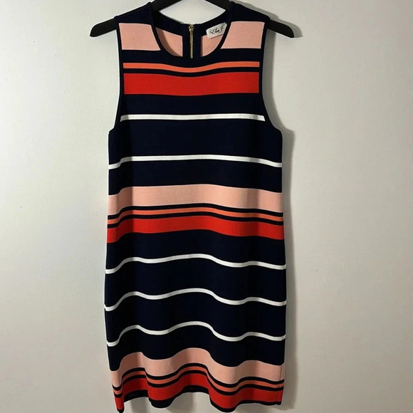 Eliza J Sleeveless Back Zip Dress Size Large Striped Navy Knit A LIne Tank - Picture 3 of 8